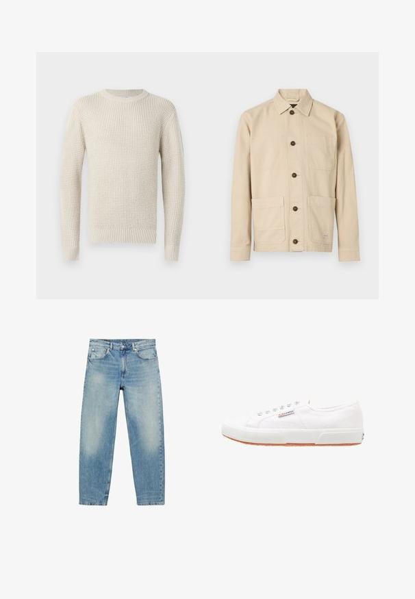 Pull en tricot de couleur crème avec une texture côtelée, col rond et manches longues. Présente une coupe ample et des poignets et un ourlet élastiques.; Veste de travail beige clair, tissu en coton, devant boutonné, col pointu, deux poches poitrine, deux poches basses, boutons marron, détails cousus.; Jean droit en denim bleu avec poches avant et passants de ceinture, présentant des détails légèrement décolorés sur les cuisses et les genoux.; Baskets en toile blanches avec une semelle en caoutchouc, design à lacets et une petite étiquette logo sur le côté. Tige blanche texturée et semelle extérieure marron.