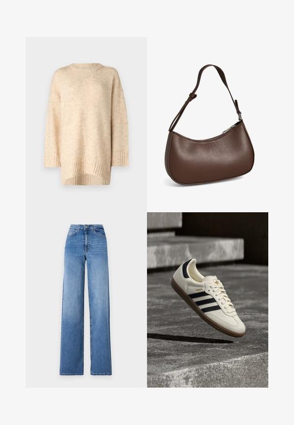 Pull en tricot beige avec un col rond côtelé, des épaules tombantes et un ourlet arrière plus long. Texture douce avec un motif subtil.; Jeans en denim bleu clair à jambes larges, dotés d'une taille haute, de poches avant et d'une fermeture à bouton standard. Texture lisse.; Baskets blanches Adidas Samba avec des bandes noires et une semelle en gomme, flottant au-dessus de marches en béton gris texturé.; Petit sac bandoulière en cuir marron avec sangle réglable et fermeture éclair, présenté sur fond blanc. Aucun logo ou décoration visible.