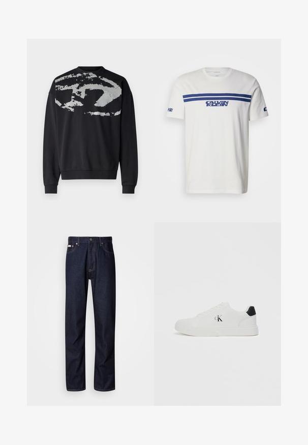 Sudadera negra con un patrón abstracto y texturizado en gris en la parte trasera. Presenta un cuello redondo, mangas largas y puños acanalados.; Camiseta blanca de algodón con rayas horizontales azules y el logo "Calvin Klein" en letras en negrita en el frente y la manga izquierda.; Vaqueros de mezclilla azul oscuro con un diseño de pierna recta, que presentan un cierre de botón, cinco bolsillos y detalles de costura en contraste.; Zapatilla blanca con parte superior de cuero suave, punta redonda, acento negro en el talón y logotipo "CK" en el lateral. Presenta un diseño de cordones y suela plana.