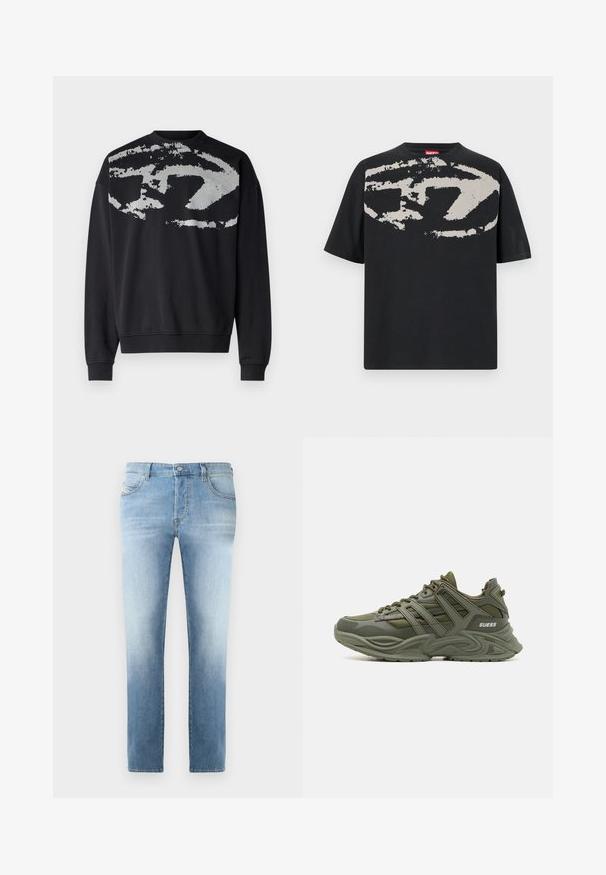 Sudadera negra con un patrón abstracto y texturizado en gris en la parte trasera. Presenta un cuello redondo, mangas largas y puños acanalados.; Camiseta negra con un gran gráfico abstracto en gris claro en la parte frontal. Mangas cortas y un cuello redondeado clásico. Material de algodón.; Jeans de mezclilla azul claro con un acabado ligeramente desgastado, diseño de pierna recta, estilo de cinco bolsillos y cierre de botón de metal en la cintura.; Guess BELLUNO - Zapatillas - green