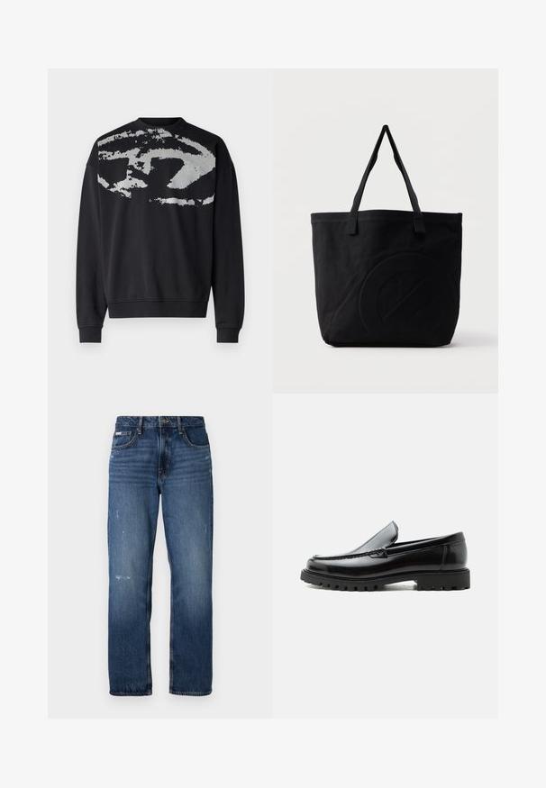 Sudadera negra con un patrón abstracto y texturizado en gris en la parte trasera. Presenta un cuello redondo, mangas largas y puños acanalados.; Jeans de mezclilla azul con diseño de pierna recta. Presentan áreas desgastadas y ligero distress en la parte frontal, con un cierre clásico de botón.; Mocasín de cuero negro con suela de goma gruesa, empeine cosido y nombre de la marca en relieve en el talón, mostrado en perfil lateral sobre fondo blanco.; Bolsa tote de lona negra con dos correas para el hombro y un diseño circular en relieve sutil en el frente.