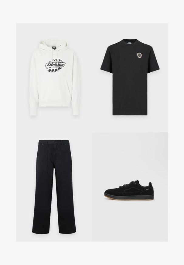 Λευκό φούτερ με μεγάλο μαύρο λογότυπο "Dickies", που διαθέτει κουκούλα με κορδόνι, τσέπη τύπου καγκουρό και ριμπ μανσέτες και τελείωμα. Απαλή υφή.; Μαύρο T-shirt με κοντά μανίκια και στρογγυλή λαιμόκοψη, με μικρό κυκλικό μπεζ λογότυπο με σχέδιο φύλλου και κρανίου στην αριστερή πλευρά του στήθους.; Μαύρο παντελόνι με φαρδιά παντελόνια, μπροστινές τσέπες τύπου πάτση, θηλιές για ζώνη και κλείσιμο με κουμπί, απεικονισμένο σε μονόχρωμο φόντο.; Μαύρα σουέτ αθλητικά παπούτσια με λείο καουτσούκ πέλμα, featuring ένα σχέδιο χαμηλού προφίλ, στρογγυλά κορδόνια και διακριτικές ραφές.