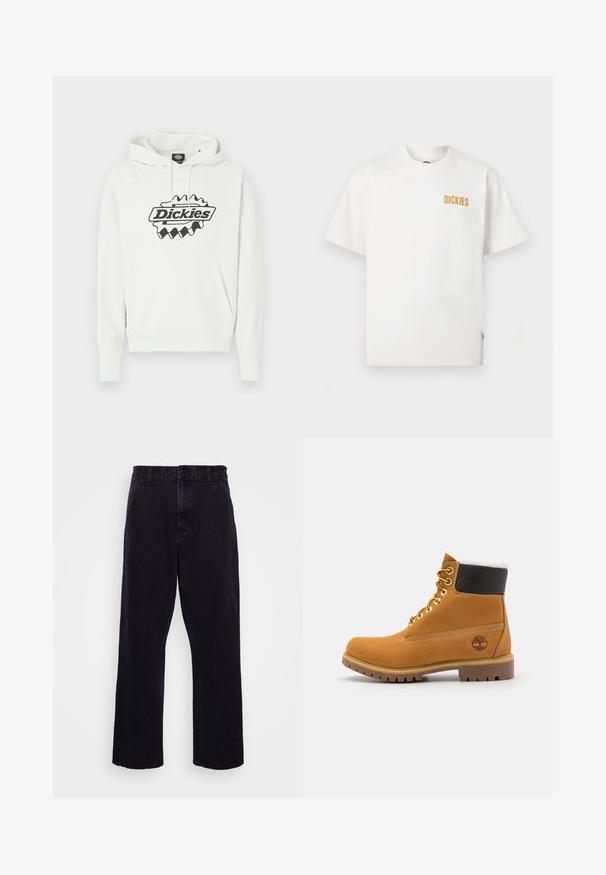 Λευκό φούτερ με μεγάλο μαύρο λογότυπο "Dickies", που διαθέτει κουκούλα με κορδόνι, τσέπη τύπου καγκουρό και ριμπ μανσέτες και τελείωμα. Απαλή υφή.; Λευκό T-shirt με κοντά μανίκια και στρογγυλή λαιμόκοψη, με μικρό πορτοκαλί λογότυπο "DICKIES" στο επάνω αριστερό μέρος του στήθους.; Μαύρα τζιν παντελόνια με ίσια γραμμή, διαθέτουν κλείσιμο με κουμπί και φερμουάρ, θηλιές ζώνης και ελάχιστες ραφές.; Καφέ δερμάτινο μποτάκι αστραγάλου με μεταλλικές υποδοχές, λευκή γούνινη επένδυση, μαύρο μαλακό περιλαίμιο, ανθεκτική σόλα και ανάγλυφο λογότυπο στο πλάι.