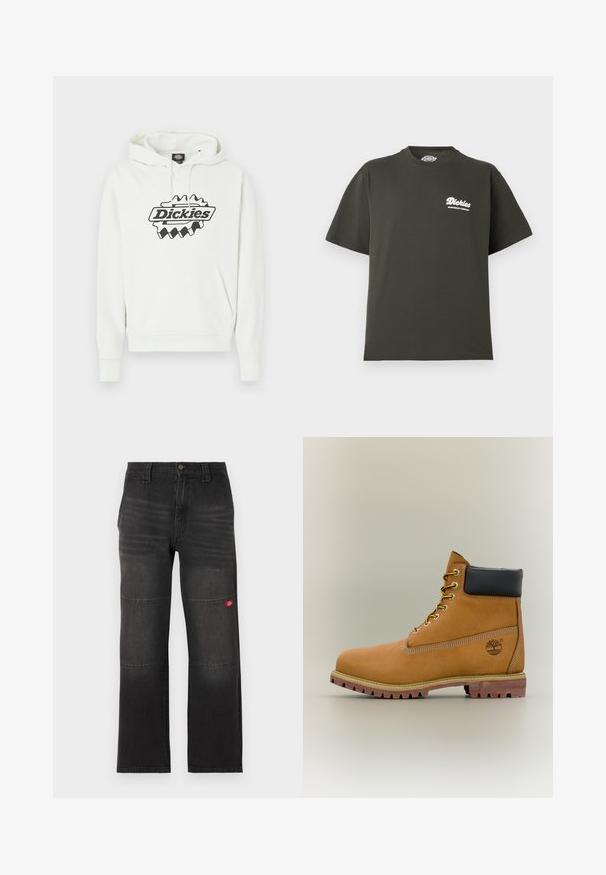Λευκό φούτερ με μεγάλο μαύρο λογότυπο "Dickies", που διαθέτει κουκούλα με κορδόνι, τσέπη τύπου καγκουρό και ριμπ μανσέτες και τελείωμα. Απαλή υφή.; Σκούρο πράσινο μπλουζάκι με κοντά μανίκια και στρογγυλή λαιμόκοψη, με μικρό λευκό λογότυπο "Dickies Workwear Company" στο αριστερό στήθος.; Μαύρο τζιν παντελόνι εργασίας με διπλές επιφάνειες στα γόνατα και μικρό κόκκινο λογότυπο στο δεξί πόδι, κανονική γραμμή και μέση με κλείσιμο με κουμπιά.; Καφέ δερμάτινο μποτάκι αστραγάλου με μαύρο γιακά, κίτρινα κορδόνια και ταμπά σόλα. Διαθέτει λογότυπο και λευκή ραφή για λεπτομέρεια. Ανθεκτική εξωτερική σόλα με τραχύ πέλμα.
