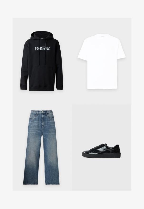 Dondup Hættetrøje - black; Hvid bomulds T-shirt med rund hals, korte ærmer og en afslappet pasform. Glat tekstur, minimal dekoration og ingen mønstre eller grafik.; Blå denim bredbenede jeans med høj talje, subtilt slid, fem lommer og metalknaplukning foran.; Sorte laklæder sneakers med rund tå, snørredesign, tekstureret gummisål og en glat overflade.
