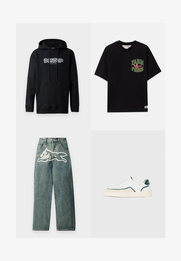 Dondup Sweat à capuche - black; T-shirt en coton noir avec un imprimé graphique en texte vert et rose indiquant "FARM FRESH", à coupe loose et à manches courtes.; Jean en denim bleu clair à coupe ample, avec un grand graphisme d'un chat blanc sur la jambe gauche et un design classique à cinq poches.; Baskets basses blanches avec des bords verts, des détails en suède beige et une semelle de couleur crème avec un fond rainuré.