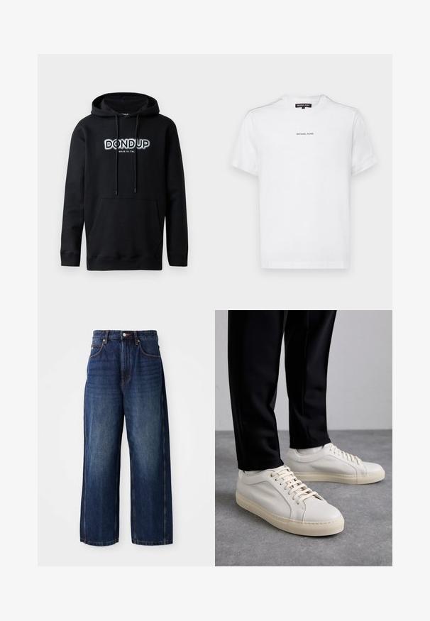 Dondup Hoodie - black; Witte katoenen t-shirt met korte mouwen, voorzien van een ronde hals en een klein "MICHAEL KORS" logo in zwarte kleur gedrukt op de borst.; Donkerblauwe wijde-denim jeans. Kenmerken zijn een klassieke tailleband met riemlussen, zwarte zakken aan de voorkant en een rechte silhouet.; Lichtbeige leren sneakers met platte veters, een gestructureerd oppervlak en een contrasterende crème-kleurige rubberen zool, gecombineerd met zwarte taps toelopende broek.
