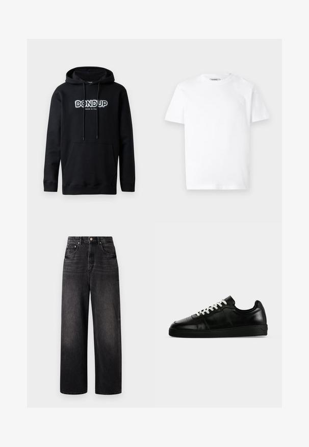 Dondup Hættetrøje - black; Hvid bomulds T-shirt med rund hals og korte ærmer. Har et lille, præget logo på venstre bryst. Glat tekstur.; Sorte denim jeans med løstsiddende pasform, høj talje, fem lommer og synlig knaplukning. Har diskret falmning og lige ben design.; Sort lavtsiddende lædersneaker med hvide snørebånd, en flad sort sål og diskrete syningsdetaljer, vist i sideprofil på en grå baggrund.