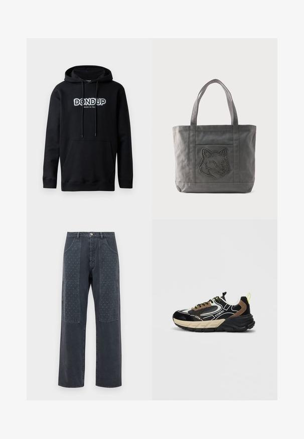 Dondup Hættetrøje - black; Mørkegrå jeans med bred benudskæring, der har dekorative lapper på forsiden med et subtilt blomstermønster og standardlomme-detaljering.; Sort, beige og brun chunky sneakers med gule accenter, honningkombinationsstruktur, "ICEBERG" branding og "1974" tekst på siden.; Grå lærredsnet med to håndtag og frontlomme med broderet ulvehoveddesign.