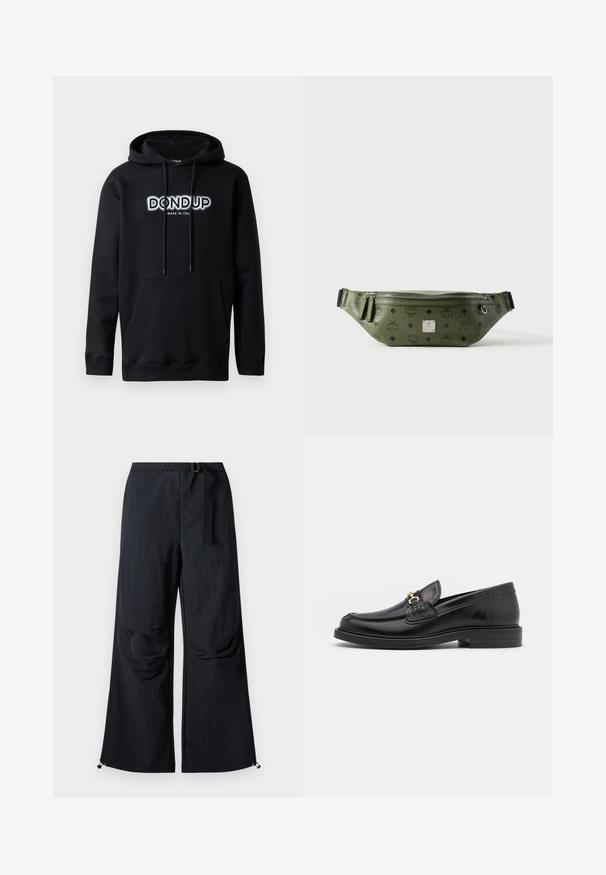 Dondup Hoodie - black; Zwarte wijde broek van lichtgewicht stof. Voorzien van een riem, twee grote zijzakken en verstelbare zoom met trekkoordsluitingen.; Zwarte leren instappers met een ronde neus, voorzien van een gouden hardware accent en stikdetails, geplaatst op een lage, getextureerde rubberen zool.; Olijfgroene textuurleren heuptas met zwarte logo's, zilveren ritssluiting, dubbele ritstrekkers en centrale zilveren merkembleem.