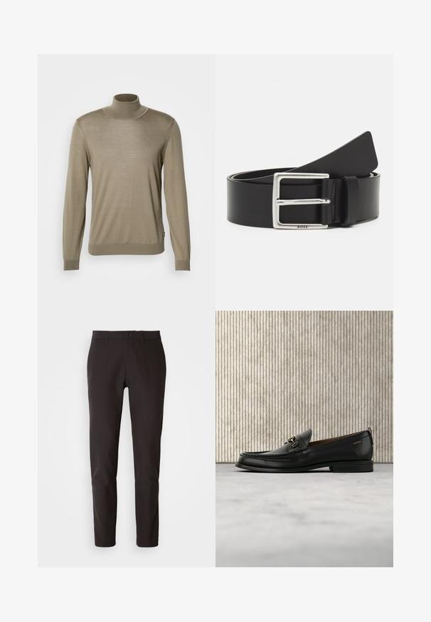 Suéter de cuello alto beige, hecho de una tela delgada y acanalada. Mangas largas con puños ajustados y un dobladillo recto en la parte inferior. Diseño simple, sin patrones.; Pantalones negros de tela suave, con corte recto, cinturilla estándar con cierre de botón y sin bolsillos o patrones visibles.; Mocasín de cuero negro con pieza metálica dorada y logotipo "HUGO", exhibido sobre una alfombra beige y muebles translúcidos marrones.; Cinturón de cuero negro con una hebilla rectangular de plata, presenta un branding sutil y una textura suave. Los extremos se estrechan para un acabado redondeado.