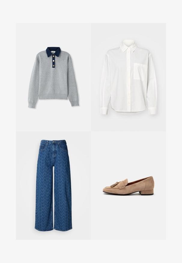 Sweatshirt gris avec un col en denim bleu foncé, trois boutons dorés et des poignets côtelés. Texture douce avec un design décontracté.; Chemise blanche à manches longues avec col boutonné, fermeture à boutons à l'avant et poche poitrine gauche. Fabriquée en tissu lisse avec une coupe décontractée.; Jean en denim bleu à jambes larges avec un motif de logo embossé répété. Dispose d'un design classique à cinq poches et d'une fermeture à bouton.; Mocassin beige en daim à petit talon, avec une décoration à pompons sur le devant et un bout arrondi, présenté de profil sur un fond blanc.