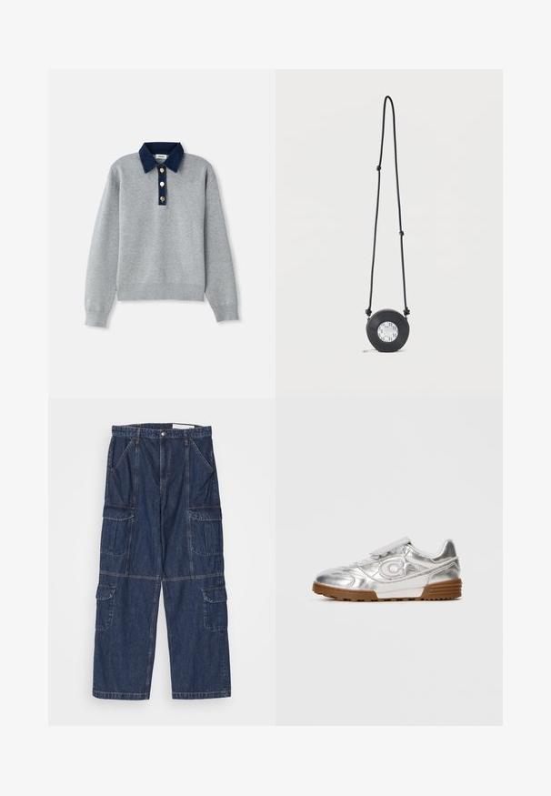 Sweatshirt gris avec un col en denim bleu foncé, trois boutons dorés et des poignets côtelés. Texture douce avec un design décontracté.; Pantalons cargo en denim bleu foncé avec une coupe décontractée, plusieurs poches et une conception à jambe droite. Présente des détails de couture et une fermeture à bouton.; Sneaker métallique argenté avec un logo "C" blanc, des lacets blancs et une semelle en caoutchouc marron, présenté sur le côté sur un fond clair uni.; Sac bandoulière rond noir avec une sangle ajustable et un motif géométrique monochrome au centre, présenté sur fond blanc.