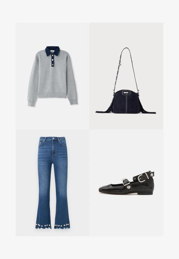 Sweatshirt gris avec un col en denim bleu foncé, trois boutons dorés et des poignets côtelés. Texture douce avec un design décontracté.; Jean en denim bleu moyen avec jambes évasées, ourlets effilochés et ornements décoratifs de perles et de fleurs le long des bords inférieurs.; Ballerine en cuir verni noir avec un bout carré, sangle de cheville avec des détails en métal argenté et semelle plate. Texture lisse avec un design minimaliste.; Sac à main en daim bleu foncé avec des coutures blanches, une poignée découpée, une bandoulière à motif et de longues franges des deux côtés.