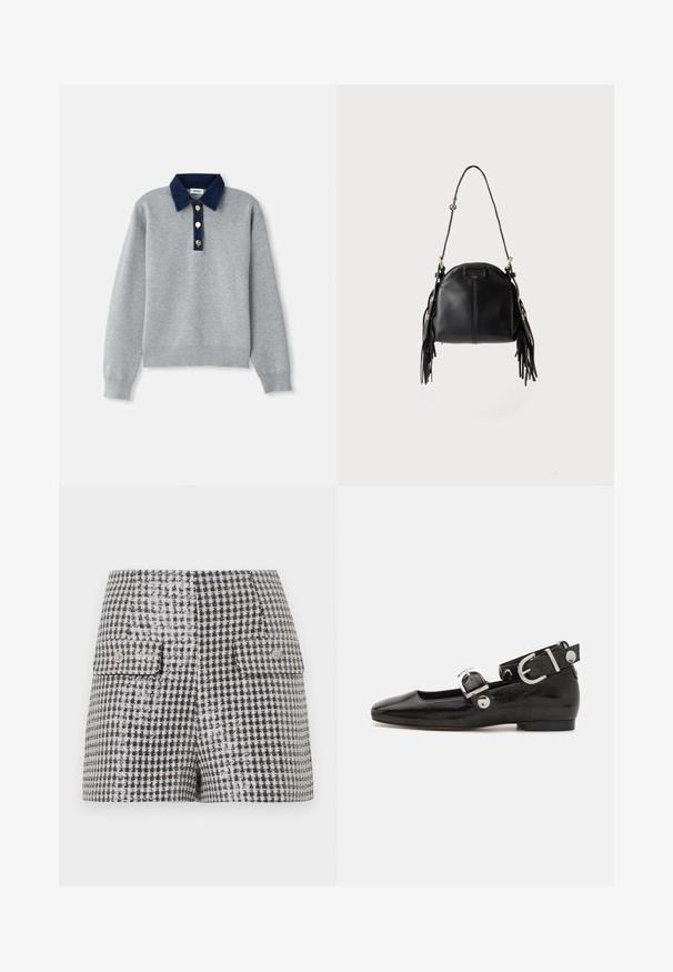 Sweatshirt gris avec un col en denim bleu foncé, trois boutons dorés et des poignets côtelés. Texture douce avec un design décontracté.; Mini-jupe à motif pied-de-poule noir et blanc avec deux poches avant à rabat et boutons décoratifs.; Ballerine en cuir verni noir avec un bout carré, sangle de cheville avec des détails en métal argenté et semelle plate. Texture lisse avec un design minimaliste.; Sac à main en cuir noir avec une forme courbée, une longue bandoulière réglable et des franges de chaque côté sur un fond clair.