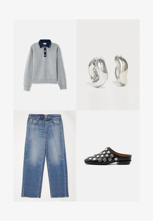 Sweatshirt gris avec un col en denim bleu foncé, trois boutons dorés et des poignets côtelés. Texture douce avec un design décontracté.; Jean en denim bleu à coupe décontractée, avec un devant délavé, cinq poches et une fermeture à bouton. Présente un bouton argenté et des surpiqûres contrastées.; Mule en cuir noir à enfiler avec un petit talon, décorée de clous carrés argentés régulièrement espacés sur la tige.; Boucles d'oreilles sculpturales en argent avec des formes douces et courbes et des surfaces réfléchissantes. Présentent un design de boucle fermée et une forme organique distincte.