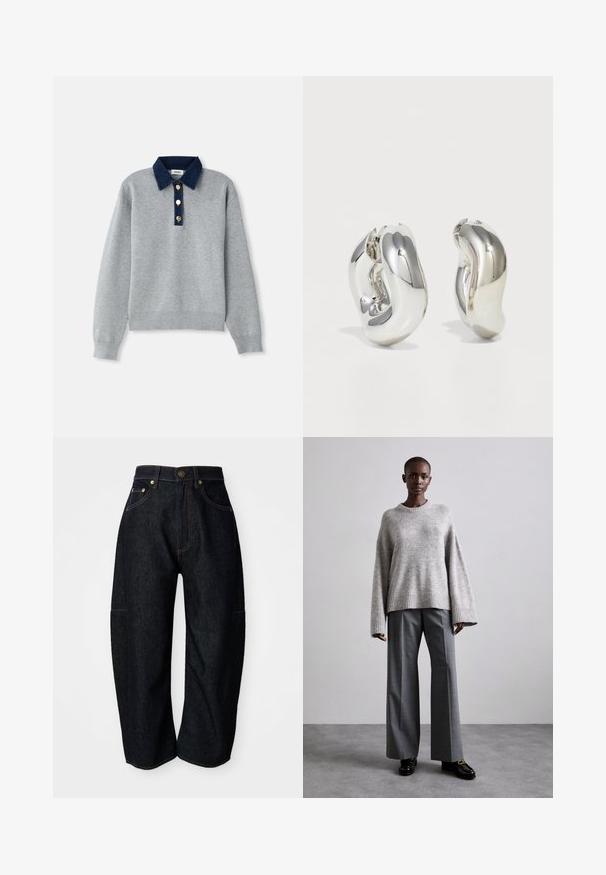 Sweatshirt gris avec un col en denim bleu foncé, trois boutons dorés et des poignets côtelés. Texture douce avec un design décontracté.; Jean en denim foncé à coupe décontractée, avec des coutures orange discrètes, des poches avant et une taille plate avec une fermeture à bouton.; Pull en maille gris avec des manches larges et un ourlet côtelé, assorti à un pantalon gris taille haute avec un motif à carreaux discret et des mocassins noirs.; Boucles d'oreilles sculpturales en argent avec des formes douces et courbes et des surfaces réfléchissantes. Présentent un design de boucle fermée et une forme organique distincte.