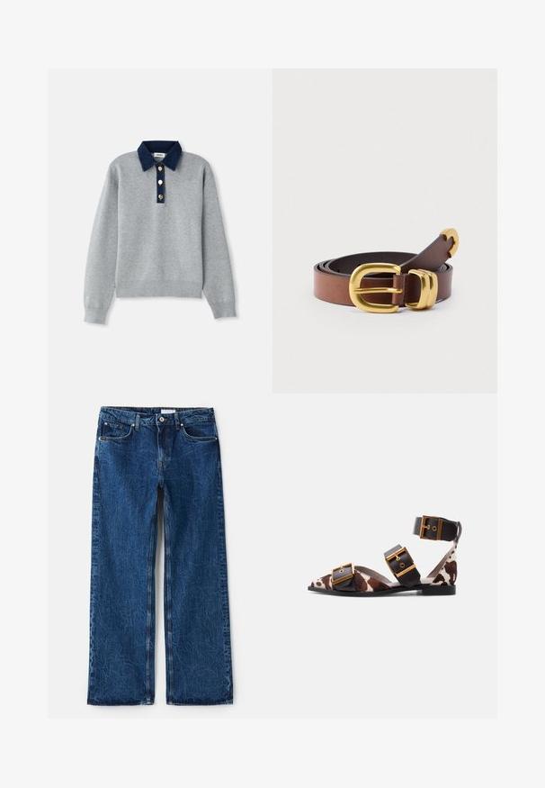 Sweatshirt gris avec un col en denim bleu foncé, trois boutons dorés et des poignets côtelés. Texture douce avec un design décontracté.; Jean large en denim bleu foncé avec une finition texturée, comportant cinq poches, des rivets en métal et une fermeture à bouton.; Sandale plate à bout pointu avec imprimé vache marron et blanc, bretelles en cuir noir et trois grandes boucles dorées, dont une autour de la cheville.; Ceinture en cuir brun avec une texture lisse, boucle en métal doré et accents incurvés. Plusieurs trous pour un réglage ajustable.