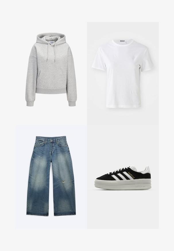 Sudadera con capucha gris claro con bolsillo canguro delantero, capucha ajustable con cordón, puños y dobladillo acanalados, y un pequeño logo blanco "JUXX STUDIO" en el pecho.; Camiseta blanca de manga corta hecha de una tela suave. Cuenta con un escote redondo y un corte recto, con una etiqueta en el cuello interior.; Vaqueros de mezclilla azul de corte holgado con zonas descoloridas y un pequeño desgarro en el muslo derecho, con bolsillos delanteros y trabillas para cinturón.; Zapatillas negras de ante con detalles en cuero blanco, tres rayas blancas, cordones planos y una gruesa suela de plataforma gris. Marca "Gazelle" en dorado.