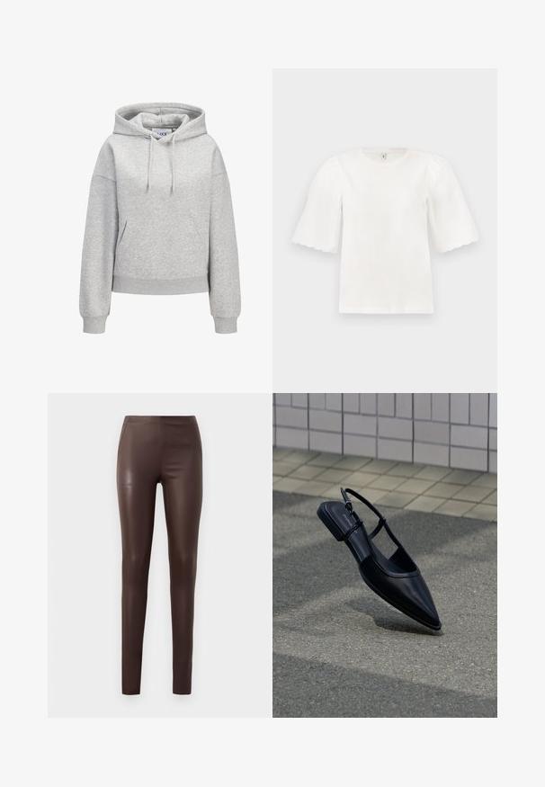 Hellgrauer Kapuzenpullover mit vorderer Kängurutasche, verstellbarer Kordelzugkapuze, gerippten Bündchen und Saum sowie einem kleinen weißen "JUXX STUDIO" Logo auf der Brust.; Weiße Bluse mit kurzen Ärmeln, geschwungenen Kanten und aufgepufften Ärmeln, Rundhalsausschnitt, präsentiert vor einem einfachen hellen Hintergrund.; Braune Lederleggings aus Kunstleder mit glatter Textur, schlankem Schnitt, hohem Bund und Nahtdetails, geeignet für legere oder semi-formale Anlässe.; Schwarzer, spitz zulaufender Slingback-Flachschuh, der über einer Asphaltfläche neben einem gefliesten Bürgersteig schwebt.