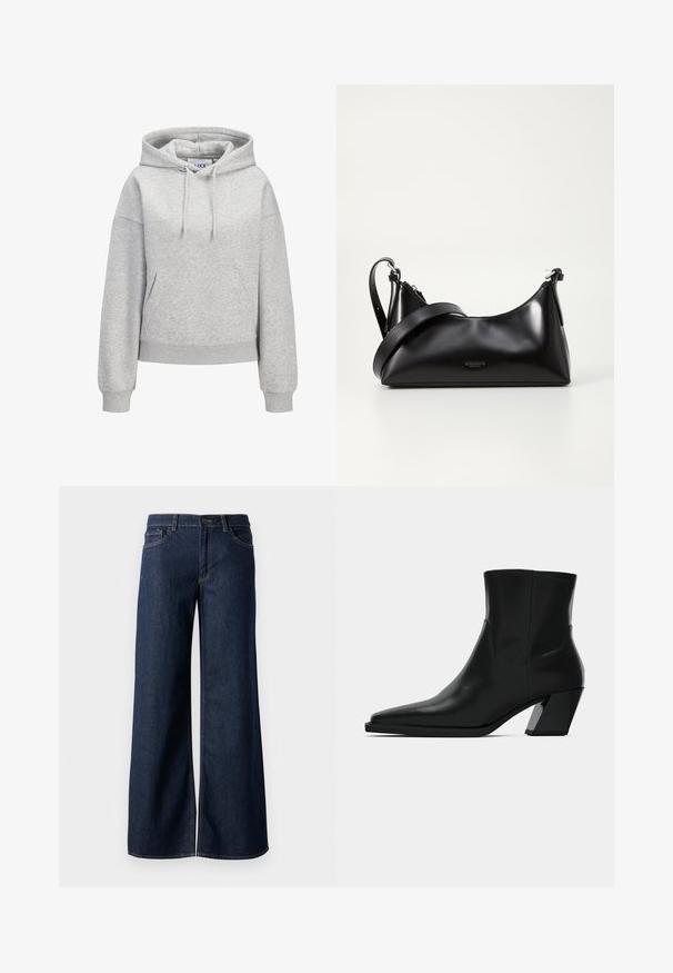 Lichtgrijze hoodie met een voorzak in kangeroestijl, verstelbare trekkoordkap, geribbelde manchetten en zoom, en een klein wit logo van "JUXX STUDIO" op de borst.; Stijlen met wijde pijpen in donkerblauw denim. Kenmerkt zich door contrasterende stiksels, vijf zakken en een knoopsluiting in de taille. Soepele textuur.; Zwarte leren enkelboot met een spitse neus, een slanke silhoeet en een chunky vierkante hak. Gladde textuur met minimale stikdetails.; Zwarte leren handtas met een gladde textuur. Beschikt over een verstelbare schouderband en een strak, minimalistisch ontwerp met een ritssluiting.