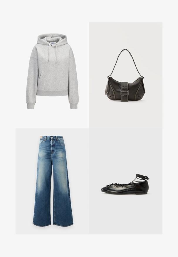 Lysegrå hættetrøje med front-kængurulomme, justerbar snøre i hætten, ribbede manchetter og kant samt en lille hvid "JUXX STUDIO"-logo på brystet.; Bredde ben blue denim jeans med en falmet finish, høj talje og klassisk fem-lomme design. Har kobber hardware og flossede kanter.; Sorte balletflade sko i laklæder med rundet tå, snørelukning og flad sål. Glat tekstur med få detaljer.; Sort læder skuldertaske med spænde på remmen, afrundede kanter og kontrasterende hvide syninger på en ensfarvet baggrund.