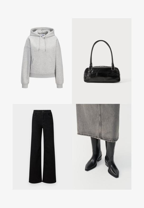 Lysegrå hættetrøje med front-kængurulomme, justerbar snøre i hætten, ribbede manchetter og kant samt en lille hvid "JUXX STUDIO"-logo på brystet.; Sorte vidde jeans lavet af denim, med høj talje, klassisk fem-lomme design og knaplukning foran.; Sorte læder cowboy støvler med spids tå og kraftig hæl, der har en glat finish og slankt design, parret med en grå nederdel.; Sort læderhåndtaske med rektangulær form, der har et enkelt struktureret håndtag, sølvhardware og lynlås-lukning. Glat tekstur.