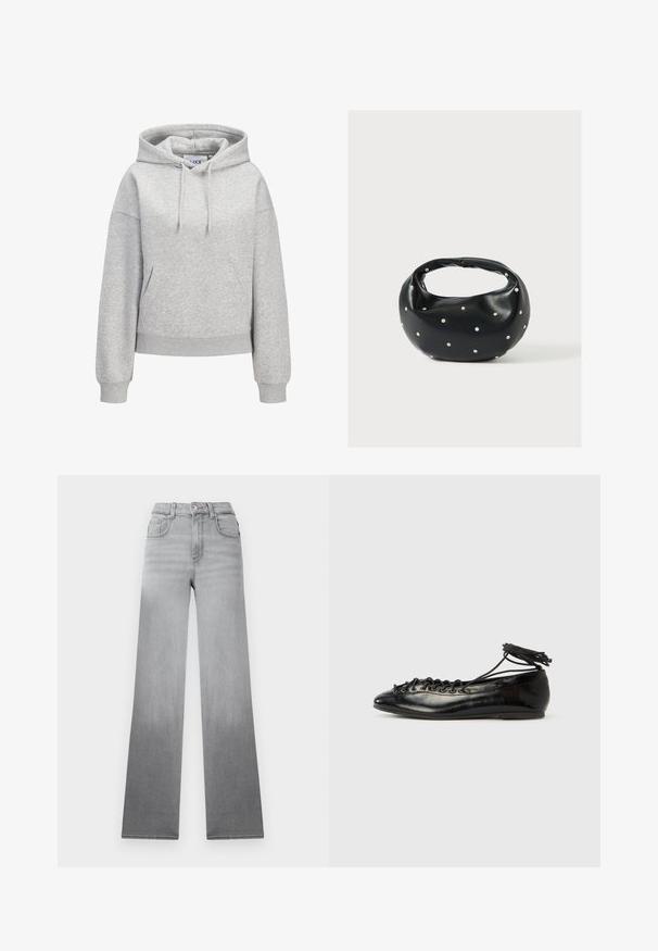 Hellgrauer Kapuzenpullover mit vorderer Kängurutasche, verstellbarer Kordelzugkapuze, gerippten Bündchen und Saum sowie einem kleinen weißen "JUXX STUDIO" Logo auf der Brust.; Graue Jeans mit einem verblassten Ombré-Effekt, hohem Bund, klassischem Fünf-Taschen-Stil und geraden, weiten Beinen aus Denim-Stoff.; Schwarze Ballerinas aus Lackleder mit runder Spitze, Schnürdesign und flacher Sohle. Glatte Textur mit minimaler Verzierung.; Schwarze Lederhandtasche mit abgerundeter Form, verziert mit silbernen Nietenakzenten und kurzem Griff. Glatte Struktur und Reißverschlussverschluss.