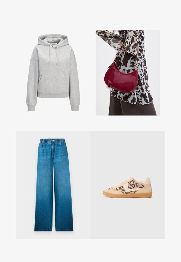 Lichtgrijze hoodie met een voorzak in kangeroestijl, verstelbare trekkoordkap, geribbelde manchetten en zoom, en een klein wit logo van "JUXX STUDIO" op de borst.; Wijdere jeans van lichtblauwe denim, met een elastische tailleband, een knoopsluiting en een recht gesneden ontwerp met een vervaagd effect.; Luipaardprint sneakers met een beige suède bovenkant, tan rubberen zool en witte accenten. Ronde neus en vetersluiting met een gestructureerde afwerking.; Vrouw met een zwart-wit gebloemde blouse houdt een glanzende rode schoudertas vast tegen een effen achtergrond.