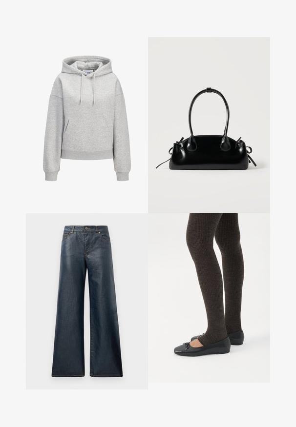 Lichtgrijze hoodie met een voorzak in kangeroestijl, verstelbare trekkoordkap, geribbelde manchetten en zoom, en een klein wit logo van "JUXX STUDIO" op de borst.; Wijdvallende denim jeans in donkerblauw, met vijf zakken, een sluiting met een knoop aan de voorkant en contrasterende stiksels langs de naden.; Benen met donkere geribbelde leggings gecombineerd met zwarte ballerina's met kleine strikdetails op een witte achtergrond.; Kleine zwarte glanzende handtas met twee lange hengsels en zijkant trekkoord details op een effen lichte achtergrond.