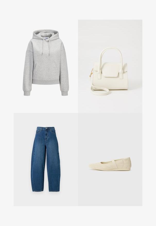 Lichtgrijze hoodie met een voorzak in kangeroestijl, verstelbare trekkoordkap, geribbelde manchetten en zoom, en een klein wit logo van "JUXX STUDIO" op de borst.; Denim spijkerbroek in een medium blauwe wassingen, met een hoge taille, wijde broekspijpen en een standaard vijf-pocket ontwerp met zichtbare stikseldetails.; Beige ballerina's met een gladde leren buitenkant, amandelvormige punt en elastische band over de wreef, met subtiele stiksels.; Kleine witte handtas met dubbele handvatten, voorflap en afneembare schouderband met gouden gesp op een effen witte achtergrond.