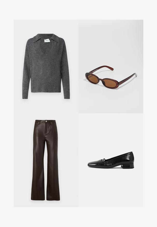 Sivý pletený sveter s výstrihom do V a límcom. Má dlhé rukávy a mäkkú textúru s rebrovanými detailmi na spodnom okraji.; Vero Moda Wide-leg VMTESSA High rise - Nohavice - chocolate torte; Čierne lakované baleríny s špicatou špičkou, nízkym štvorcovým podpätkom a malým kovovým sponou na remienku. Hladká textura.; Okrúhle slnečné okuliare s hnedým nádychom a lesklým burgundským rámom. Úzke ramená s jemným brandovaním. Plochej šošovky dizajn.