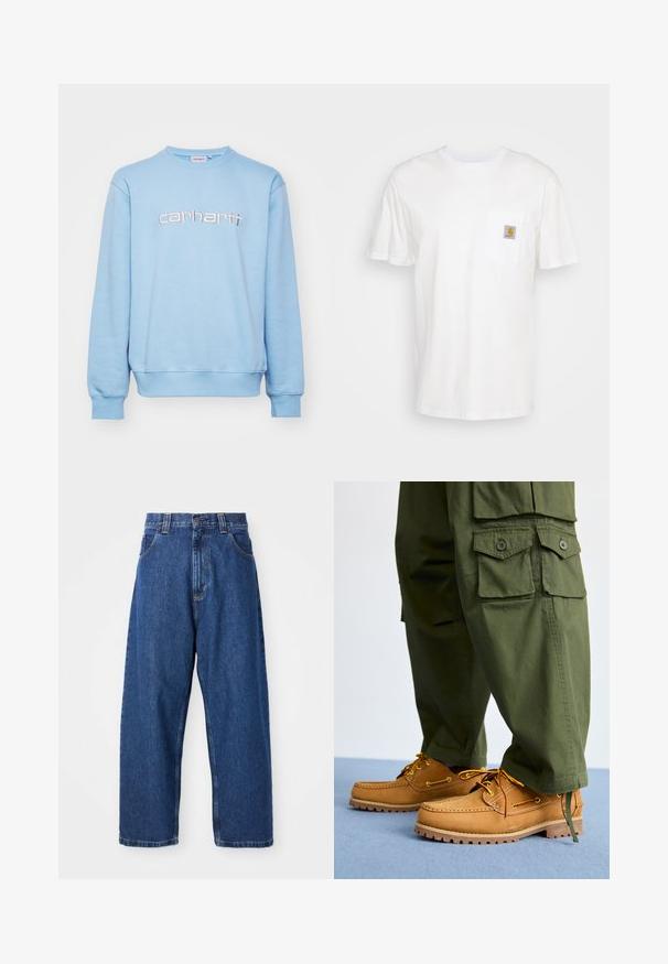 Heled sinine kapuutsiga sviiter pehmest kangast, ümmarguse kaeluse, soonikute ning kontrastses värvitoonis tikitud "carhartt" logoga.; Valge puuvillane t-särk lühikeste varrukatega, rindade taskuga ja taskul väike ruudukujuline logo kleebis oranžis ja valges.; Tumesinine laiad teksapüksid. Omavad kõrget vööd, vöösooniseid ja klassikalist viit tasku. Õmmeldud äär ja puhas viimistlus.; Timberland AUTHENTIC 3 EYE - Purjetamiskingad - wheat