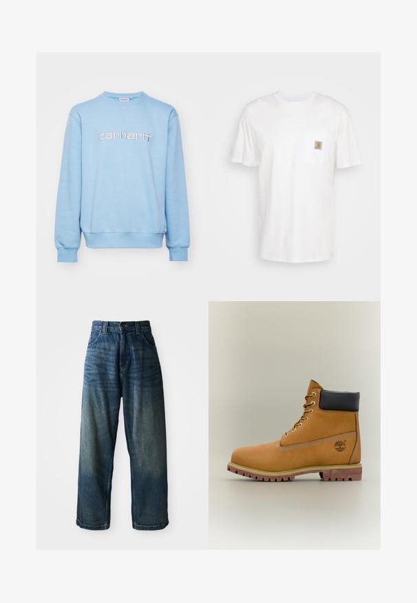 Sweatshirt bleu clair en tissu doux, avec un col rond, des poignets côtelés et un logo "carhartt" brodé dans une couleur contrastante.; T-shirt en coton blanc à manches courtes, avec une poche poitrine et un petit patch logo carré en orange et blanc sur la poche.; Jean en denim bleu taille large avec une finition délavée. Comprend cinq poches, une fermeture à bouton et des coutures contrastées. Tissu de poids lourd.; Bottine en cuir marron avec col noir, lacets jaunes et semelle beige. Présente un logo et des détails de couture blanche. Semelle extérieure à traction robuste.