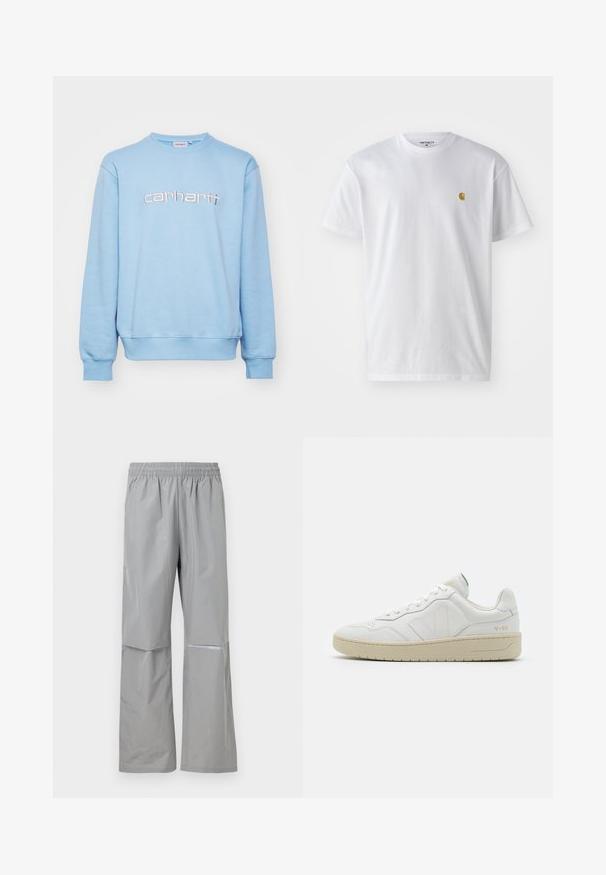 Heled sinine kapuutsiga sviiter pehmest kangast, ümmarguse kaeluse, soonikute ning kontrastses värvitoonis tikitud "carhartt" logoga.; Valge puuvillane t-särk lühikeste varrukatega, ümmargune kaelus, millel on väike kuldne logo vasakul rinnal. Pehme tekstuur ja regulaarne lõike.; Helehallid veekindlad vihmapüksid elastse vöökohaga ja parema sääre peal peegeldusribaga, mõeldud kasutamiseks õues.; Valged nahast spordijalatsid tekstuurse viimistlusega ja pehmendatud kaelusega. Omab beeži kummist tallat ja diskreetset brändingut kandade ja külgede peal.