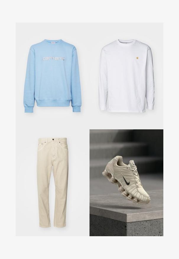 Sweatshirt bleu clair en tissu doux, avec un col rond, des poignets côtelés et un logo "carhartt" brodé dans une couleur contrastante.; T-shirt à manches longues blanc en coton. Présente un petit logo doré sur la poitrine et un col rond. Design simple et coupe standard.; Pantalons en coton beige avec une coupe droite, cinq poches et des accents en métal. Texture lisse avec des détails de couture minimaux.; Chaussure de course Nike beige avec swoosh noir, empeigne respirante et semelle segmentée distinctive, posée au-dessus d'une plateforme en béton.