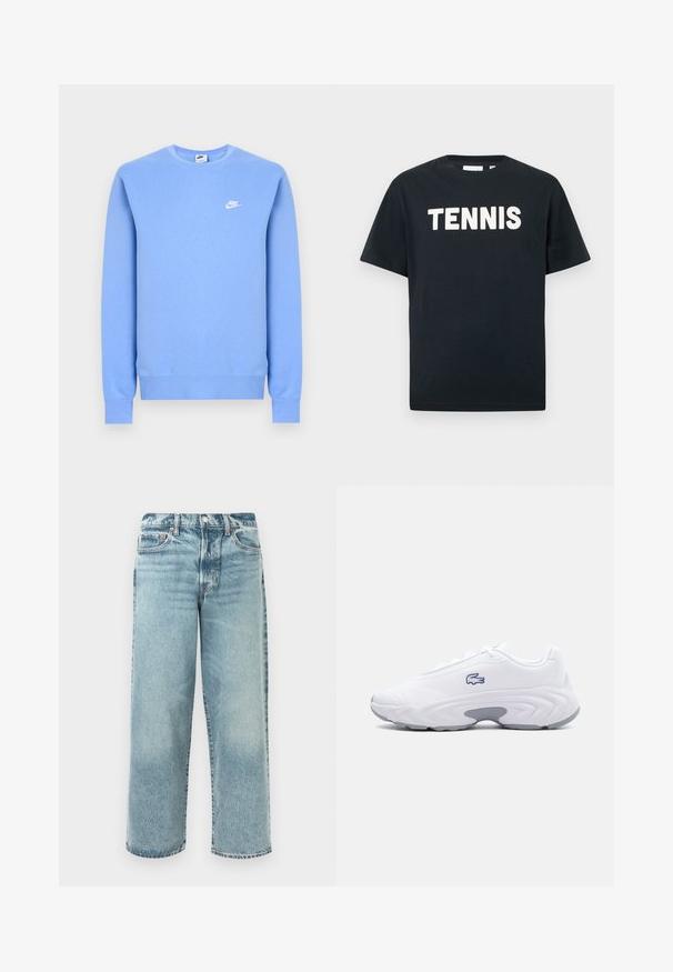 Ανοιχτό μπλε φούτερ από τη Nike με μακριά μανίκια, στρογγυλή λαιμόκοψη, ριμπ μανσέτες και τελείωμα, και μικρό λευκό λογότυπο της Nike στο αριστερό στήθος.; Μαύρο βαμβακερό μπλουζάκι με στρογγυλή λαιμόκοψη, με έντονη λευκή επιγραφή που γράφει "TENNIS" στο στήθος. Κοντά μανίκια και άνετη εφαρμογή.; Τζιν με ανοιχτό μπλε απόχρωση και χαλαρή εφαρμογή, με ίσια γραμμή, μεσαία μέση, πέντε τσέπες και ορατές λεπτομέρειες στη ραφή.; Λευκό αθλητικό παπούτσι με γκρι σόλα, επάνω μέρος από δίχτυ, δέσιμο με κορδόνια και μπλε κεντημένο λογότυπο κροκόδειλου στο πλάι.