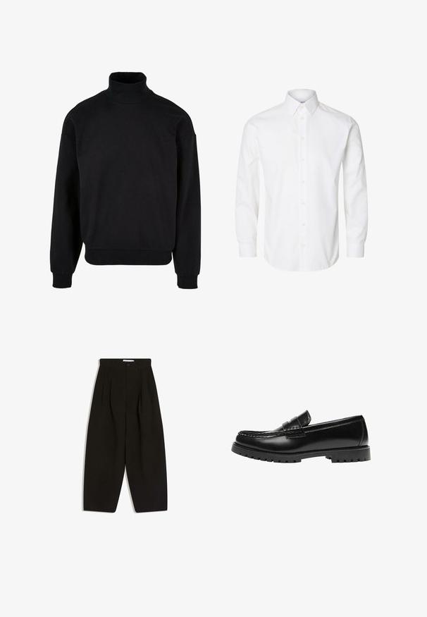 Sort turtleneck sweatshirt med afslappet pasform, lange ærmer og ribbede manchetter. Fremstillet af et blødt, struktureret stof.; Hvid skjorte med lange ærmer, knapper foran, spids krave og knappede manchetter.; Sorte bukser med vide ben lavet af blødt stof, med plisseret front, knaplukning og sidelommer for ekstra funktionalitet.; Sort læderloafer med en kraftig gummisål og klassiske penny-strap detaljer, vist fra ydersiden.