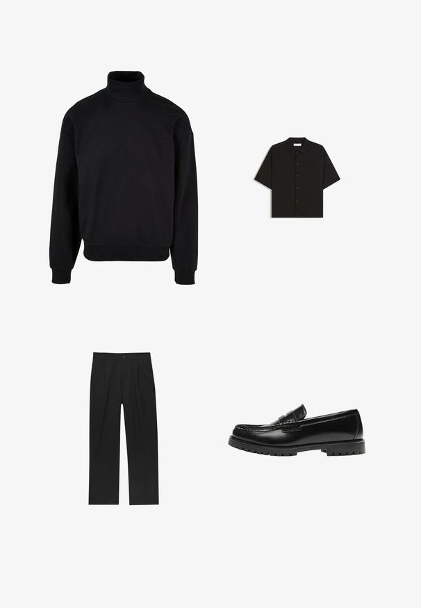 Sort turtleneck sweatshirt med afslappet pasform, lange ærmer og ribbede manchetter. Fremstillet af et blødt, struktureret stof.; Sort kortærmet skjorte med knapper, krave og brystlomme, lagt fladt på en hvid baggrund.; Sorte bukser med lige ben, lavet af et glat stof. Har frontfolder og en enkelt knaplukning i taljen.; Sort læderloafer med en kraftig gummisål og klassiske penny-strap detaljer, vist fra ydersiden.