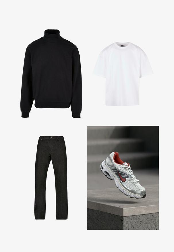 Sort turtleneck sweatshirt med afslappet pasform, lange ærmer og ribbede manchetter. Fremstillet af et blødt, struktureret stof.; Hvid kortærmet t-shirt med rund hals, lavet af bomuldsmateriale, der har en afslappet pasform og minimale syningsdetaljer.; Sorte denim jeans med lige ben-design, fem lommer og metalknap-lukning. Stoffet har en let struktur og minimal falmning.; Hvid og sølv Nike løbesko med røde accenter, der svæver over en betonkant og viser dens side- og såldetaljer.