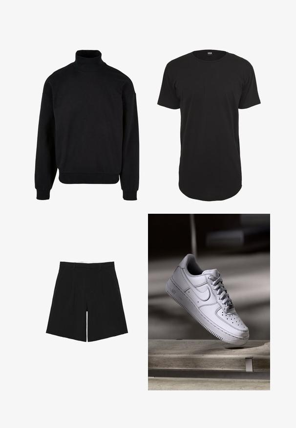 Schwarzes Rollkragen-Sweatshirt mit lockerer Passform, langen Ärmeln und gerippten Bündchen. Aus einem weichen, strukturierten Stoff gefertigt.; Schwarzes T-Shirt mit kurzen Ärmeln aus Baumwolle. Verfügt über einen runden Halsausschnitt und einen geraden Schnitt mit einem leicht längeren Rückenbund. Weiche Textur.; Schwarze, maßgeschneiderte Shorts mit Gürtelschlaufen, vorderen Falten und Seitentaschen, flach auf einem weißen Hintergrund liegend.; Weißer Nike Air Force 1 Sneaker aus Leder mit perforierter Zehenpartie, flachen Schnürsenkeln und strukturierter Gummisohle mit "AIR"-Branding an der Seite.