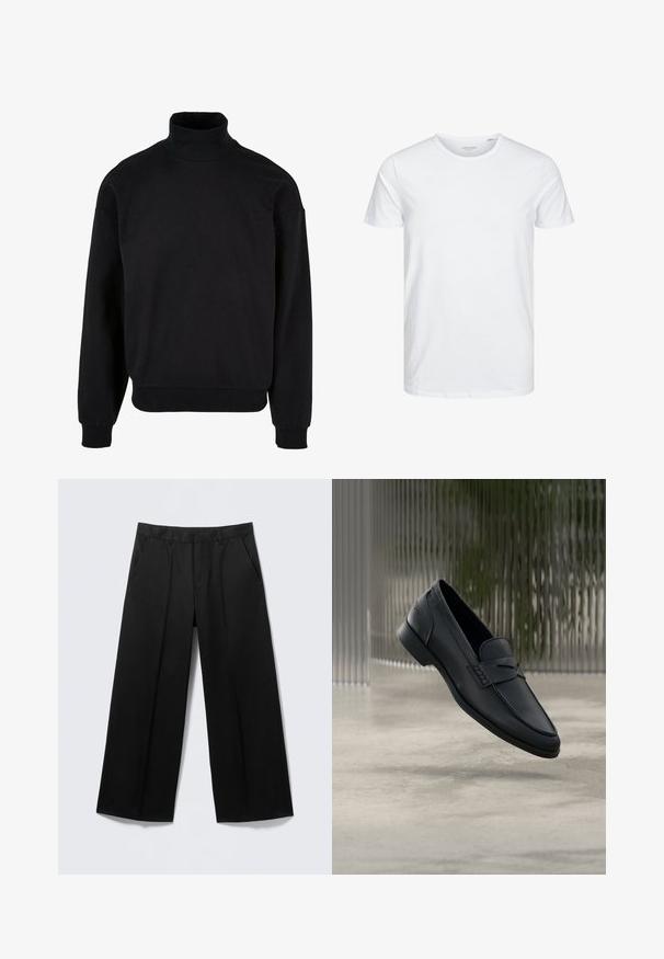 Sweatshirt noir à col roulé avec une coupe décontractée, des manches longues et des poignets côtelés. Fabriqué en tissu doux et texturé.; T-shirt à col rond à manches courtes de couleur blanche unie, fabriqué en coton doux, avec un design simple sans motifs ni accents visibles.; Pantalon large noir avec passants pour ceinture, poches avant et fermeture éclair, présenté sur un fond gris clair.; Mocassin en cuir noir à finition lisse, bout pointu et détails cousus sur le dessus. Talon bas et design minimaliste.