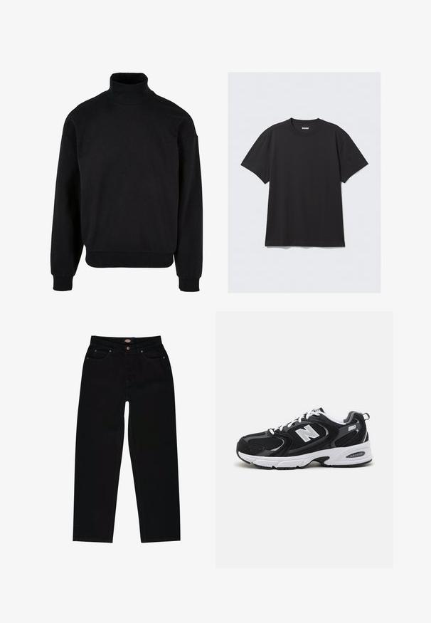 Sort turtleneck sweatshirt med afslappet pasform, lange ærmer og ribbede manchetter. Fremstillet af et blødt, struktureret stof.; Sort kortærmet t-shirt lavet af bomuld. Har en rund halsudskæring og en afslappet pasform. Enkel design uden synlige mønstre eller accenter.; Sorte denim jeans med lige pasform, der har fem lommer, brun syning og lynlåslukning. Glat tekstur og holdbart materiale.; Sorte og grå sportssko med mesh og ruskind på overdelen, der har en hvid mellemsål, snørebånd og et iøjnefaldende "N" logo på siden.
