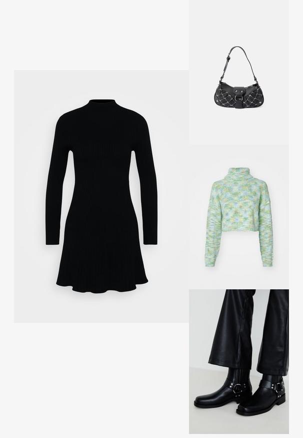 ONLY ONLELOISE CROP ROLLNECK - Pullover - absinthe green; Robe noire côtelée avec un col montant et des manches longues. L'ourlet évasé crée une silhouette fluide. Texture lisse sur toute la surface.; Bottines en cuir noir avec un bout arrondi, présentant une boucle décorative et des clous sur la sangle, ainsi qu'un détail côtelé vertical.; Sac à main noir avec texture matelassée, doté de quincaillerie en argent, d'une forme incurvée et d'une seule bandoulière réglable. Fermeture zippée sur le dessus.
