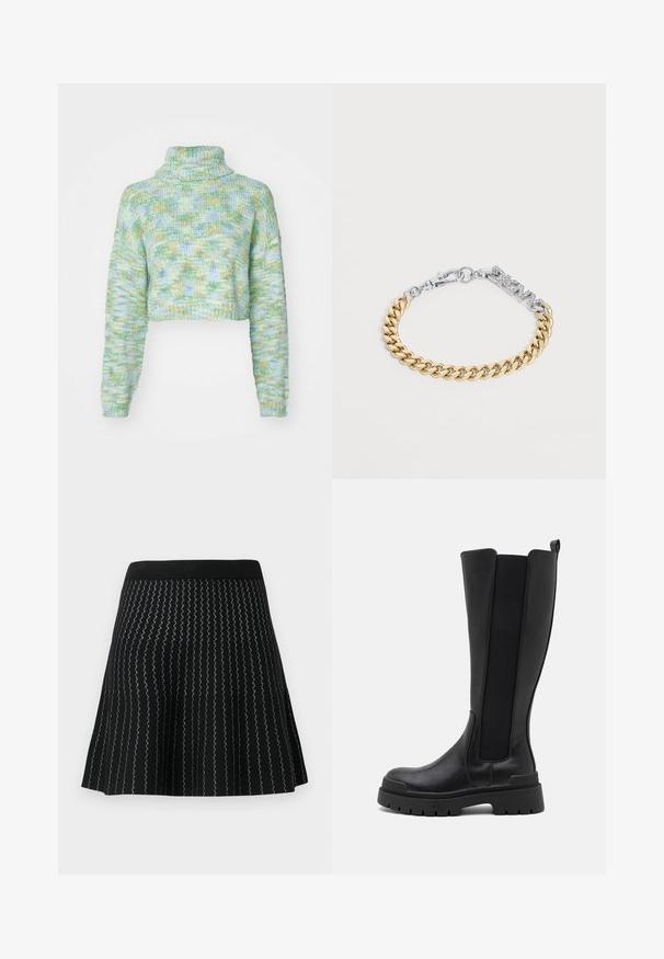 ONLY ONLELOISE CROP ROLLNECK - Pullover - absinthe green; Jupe noire en mailles texturées avec des rayures argentées en zigzag, conçue avec une silhouette évasée et une taille noire solide.; Even&Odd Bottes à plateau - black; Bracelet chaîne ton or avec un charm en lettres "DKNY" ton argent incrusté de petits cristaux transparents et une fermeture à fermoir mousqueton.
