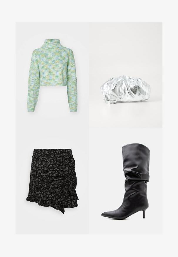 ONLY ONLELOISE CROP ROLLNECK - Πουλόβερ - absinthe green; Μαύρη φούστα με floral σχέδιο, με μαζεμένη υφή και φράντζες στο τελείωμα, φτιαγμένη από ελαφρύ υλικό με διακριτικές ασημένιες λεπτομέρειες στο σχέδιο.; Μαύρη δερμάτινη μπότα μέχρι τη μέση της γάμπας με μυτερή μύτη και λεπτό μικρό τακούνι, με ένα χαλαρό σχέδιο γύρω από τον αστράγαλο.; Μεταλλική ασημένια τσάντα χερίου με απαλή, συγκεντρωμένη δομή και λεπτό λουρί ώμου. Διαθέτει λεία, γυαλιστερή υφή και στρογγυλό σχήμα.