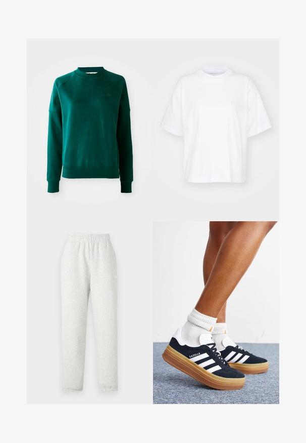 Zelená mikina s crewneck výstrihom a raglánovými rukávmi, vyrobená z mäkkej látky. Obsahuje rebrovaný golier a manžety a nenápadné značenie na hrudi.; Biela bavlnená tričko s okrúhlym výstrihom, krátkymi rukávmi a voľným strihom. Obsahuje jemné logo na ľavej strane hrude. Hladká textúra.; Svetlo šedé tepláky s elastickým pásom, zúženými nohavicami a rebrovanými manžetami. Vyrobené z mäkkej, štruktúrovanej tkaniny. Biele logo na boku.; Nohy v bielych ponožkách a čiernych teniskách Adidas Gazelle s bielymi pruhmi a hrubými hnedými podrážkami na sivom koberci.