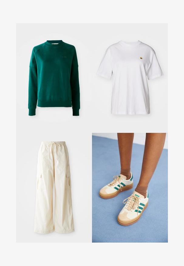 Zelená mikina s crewneck výstrihom a raglánovými rukávmi, vyrobená z mäkkej látky. Obsahuje rebrovaný golier a manžety a nenápadné značenie na hrudi.; Biely bavlnený tričko s voľným strihom, krátkymi rukávmi a malým vyšitým logom na ľavej strane hrude.; Široké cargo nohavice v svetlo béžovej farbe s elastickým pásom, šnúrkovým zapínaním a bočnými vreckami. Hladký povrch s minimálnym zdobením.; Béžové tenisky s tmavozelenými pruhmi, gumenou podrážkou, zvrškom z semišu a textilu, a neutrálnym hardvérom, skombinované s hnedými ponožkami na svetlomodrom povrchu.