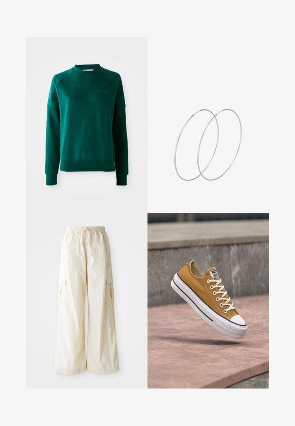 Zelená mikina s crewneck výstrihom a raglánovými rukávmi, vyrobená z mäkkej látky. Obsahuje rebrovaný golier a manžety a nenápadné značenie na hrudi.; Široké cargo nohavice v svetlo béžovej farbe s elastickým pásom, šnúrkovým zapínaním a bočnými vreckami. Hladký povrch s minimálnym zdobením.; Žltá nízka tenisková obuv Converse s bielymi šnúrkami a podrážkou, vznášajúca sa nad ružovými betónovými schodmi vonku.; Strieborné kruhové náušnice s minimalistickým dizajnom. Cirkulárny tvar, hladký povrch a tenký profil. Ľahké s lesklým povrchom.