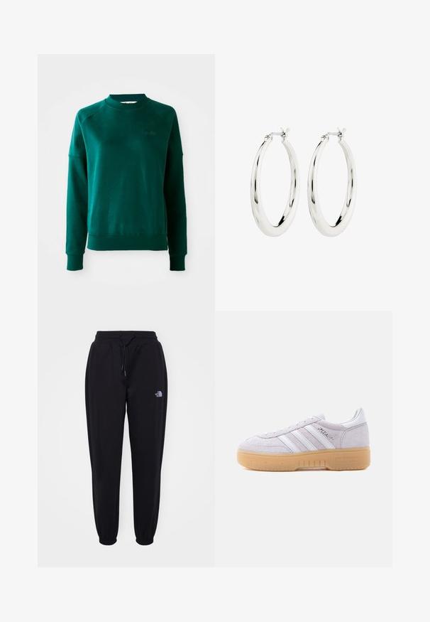 Zelená mikina s crewneck výstrihom a raglánovými rukávmi, vyrobená z mäkkej látky. Obsahuje rebrovaný golier a manžety a nenápadné značenie na hrudi.; Čierne športové nohavice s elastickým pásom a manžetami, sťahovacou šnúrkou, postrannými vreckami a malým bielym logom The North Face na pravej stehne.; Biela semišová teniska Adidas s gumovou podrážkou, tromi bielymi pruhmi a nápisom "Spezial" na boku, zobrazená z vnútornej strany.; Strieborné kruhové náušnice s hladkým, lesklým povrchom. Obľúbený tvar, vybavené bezpečným zapínaním. Jednoduchý a elegantný dizajn.
